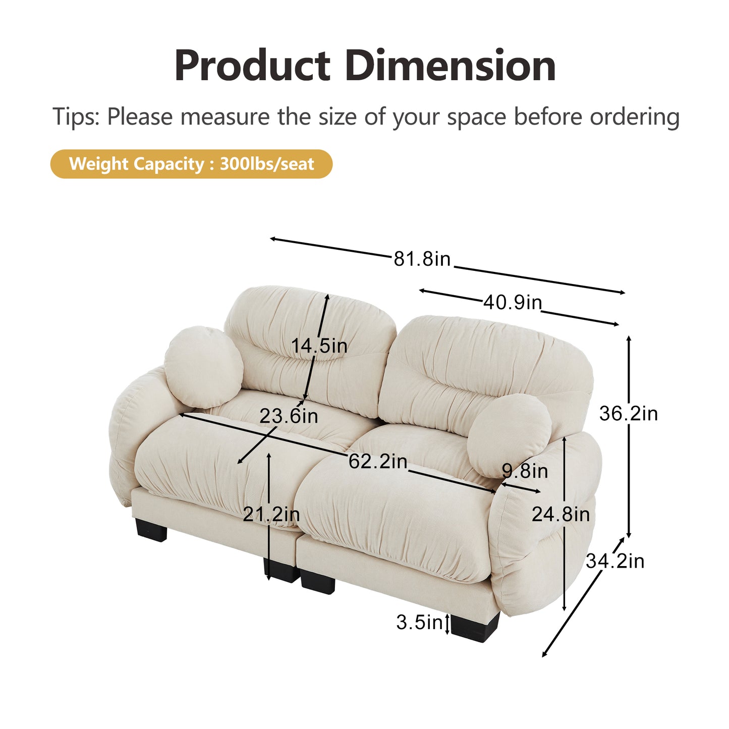 Pleated Design Cozy Chenille Fabric 2 Seater Modular Sofa with High-Density Ergonomic Foam Seat, Curved Round Armrests and 2 Round Throw Pillows,Beige image 7