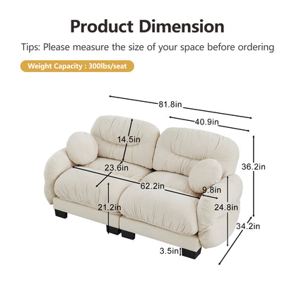 Pleated Design Cozy Chenille Fabric 2 Seater Modular Sofa with High-Density Ergonomic Foam Seat, Curved Round Armrests and 2 Round Throw Pillows,Beige image 7