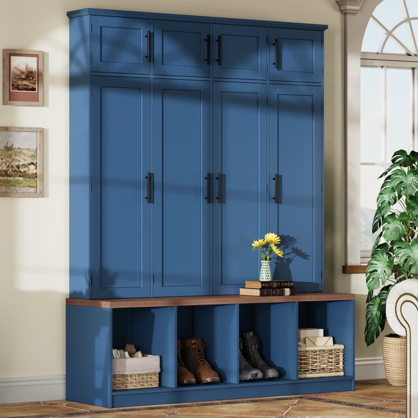 Farmhouse Hall Tree with 4 Hidden Hanging Hooks, Versatile Walnut Seating Bench with 8 Doors, Entryway Shoe Cabinet with Open Compartment for Living Room, Blue (OLD SKU:N721S000059C) image 1