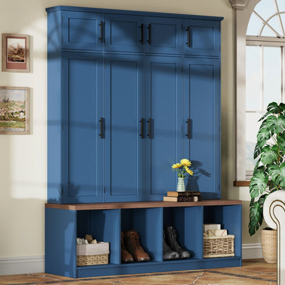 Farmhouse Hall Tree with 4 Hidden Hanging Hooks, Versatile Walnut Seating Bench with 8 Doors, Entryway Shoe Cabinet with Open Compartment for Living Room, Blue (OLD SKU:N721S000059C) image 1