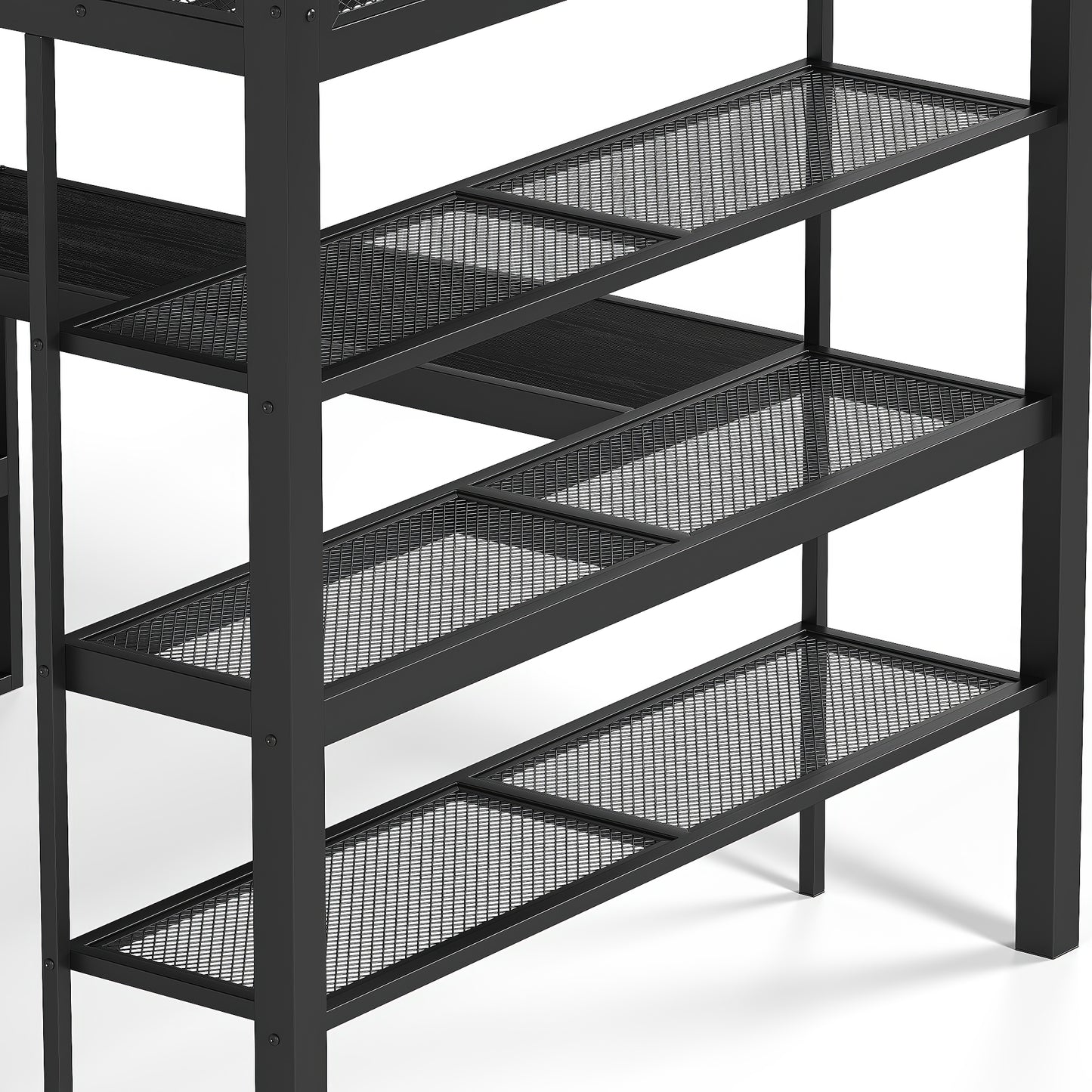 Queen Size Loft Bed with Storage Shelves, Metal Loft Bed with Clothes Hanging Rod and Desk, No Box Spring Needed Design, Black image 11