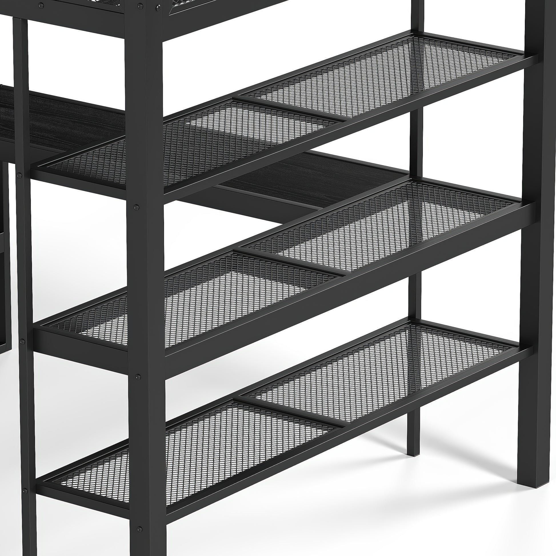 Queen Size Loft Bed with Storage Shelves, Metal Loft Bed with Clothes Hanging Rod and Desk, No Box Spring Needed Design, Black image 11