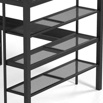 Queen Size Loft Bed with Storage Shelves, Metal Loft Bed with Clothes Hanging Rod and Desk, No Box Spring Needed Design, Black image 11