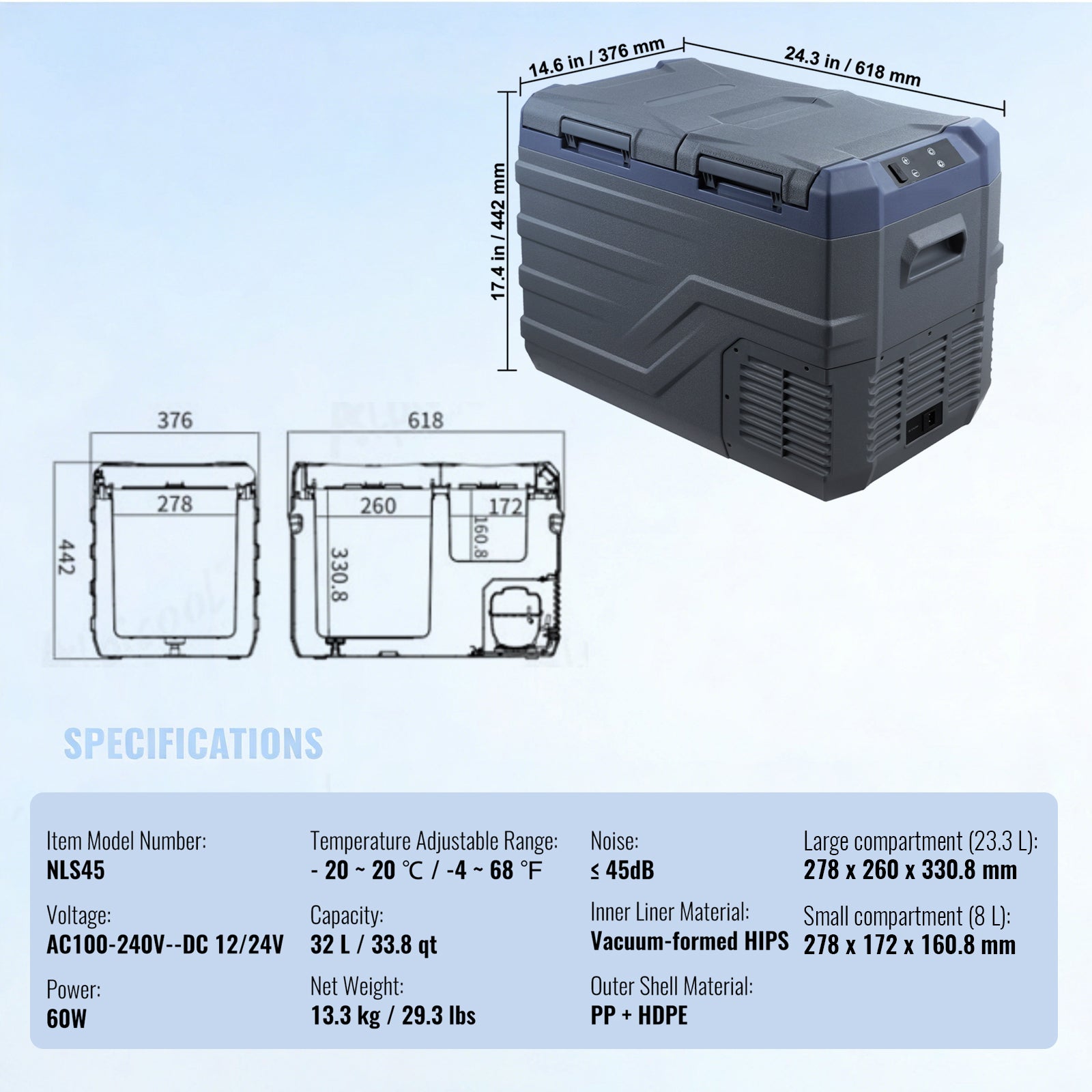 Car Refrigerator, 12 Volt Car Refrigerator Fridge, 32 L Dual Zone Portable Freezer, -4℉-68℉ Adjustable Range, 12/24V DC and 100-240V AC Compressor Cooler for Outdoor, Camping, RV image 10