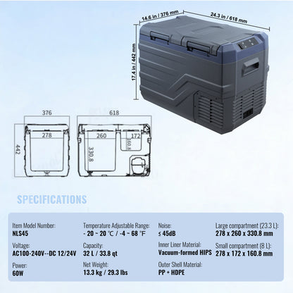Car Refrigerator, 12 Volt Car Refrigerator Fridge, 32 L Dual Zone Portable Freezer, -4℉-68℉ Adjustable Range, 12/24V DC and 100-240V AC Compressor Cooler for Outdoor, Camping, RV image 10