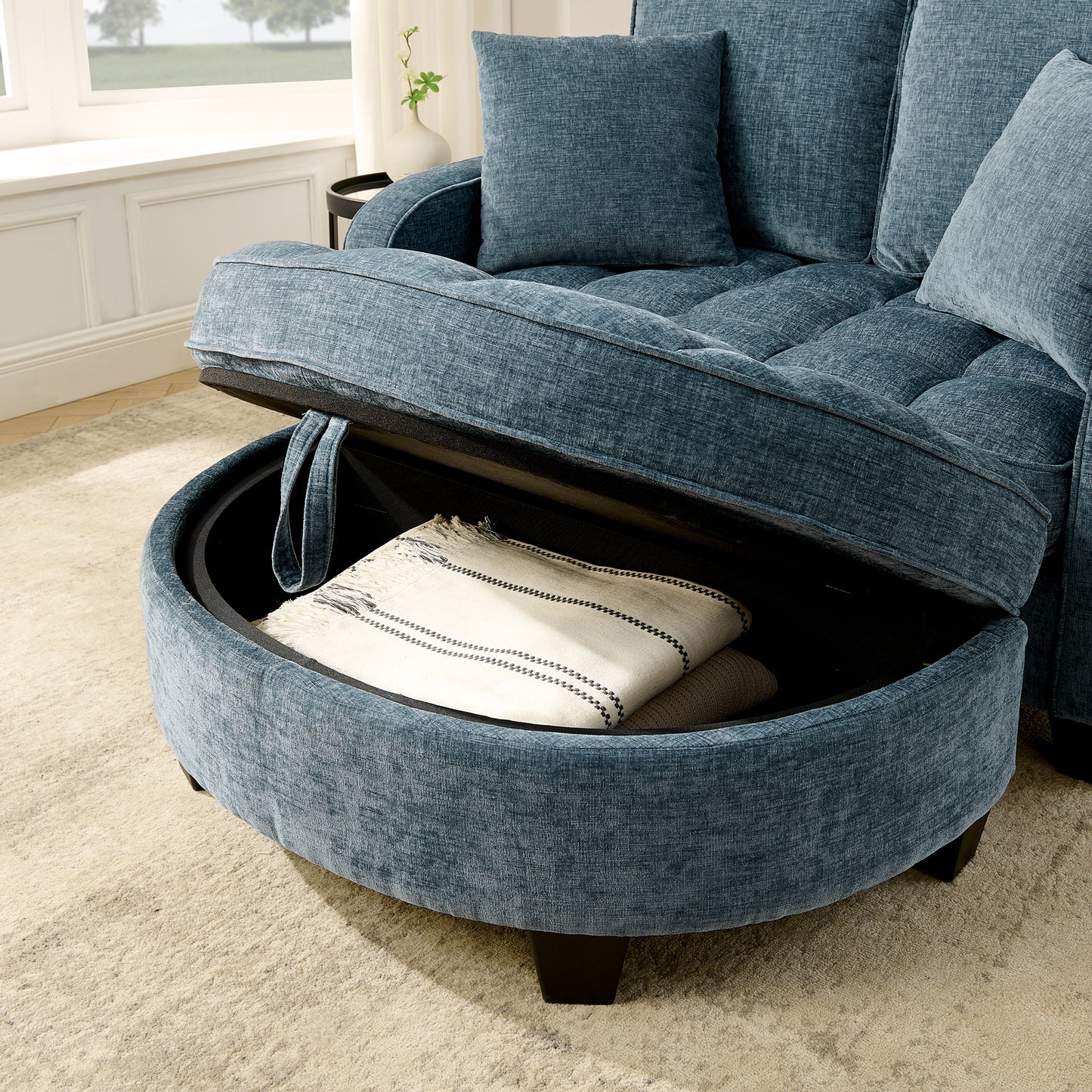 Two-seater sofa, double sofa chaise longue, with irregular armrests and backrests, footrest with storage space, comes with two small throw pillows, suitable for living room and bedroom -Blue image 5