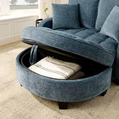 Two-seater sofa, double sofa chaise longue, with irregular armrests and backrests, footrest with storage space, comes with two small throw pillows, suitable for living room and bedroom -Blue image 5