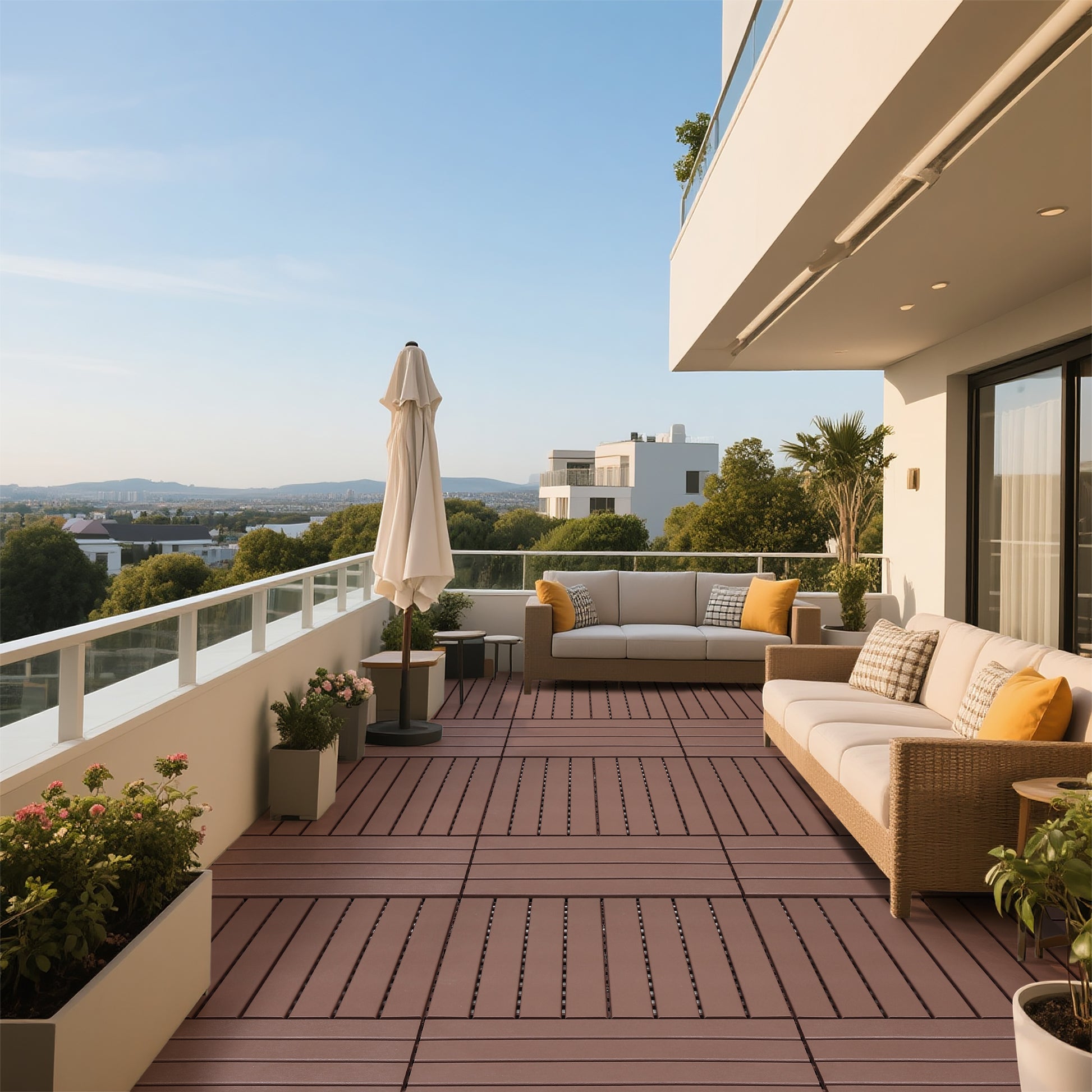 24 pieces of outdoor terrace deck tiles, DIY interlocking decking floor tiles, easy to install patio tiles, suitable for indoor and outdoor balcony backyard poolside,Brown image 7