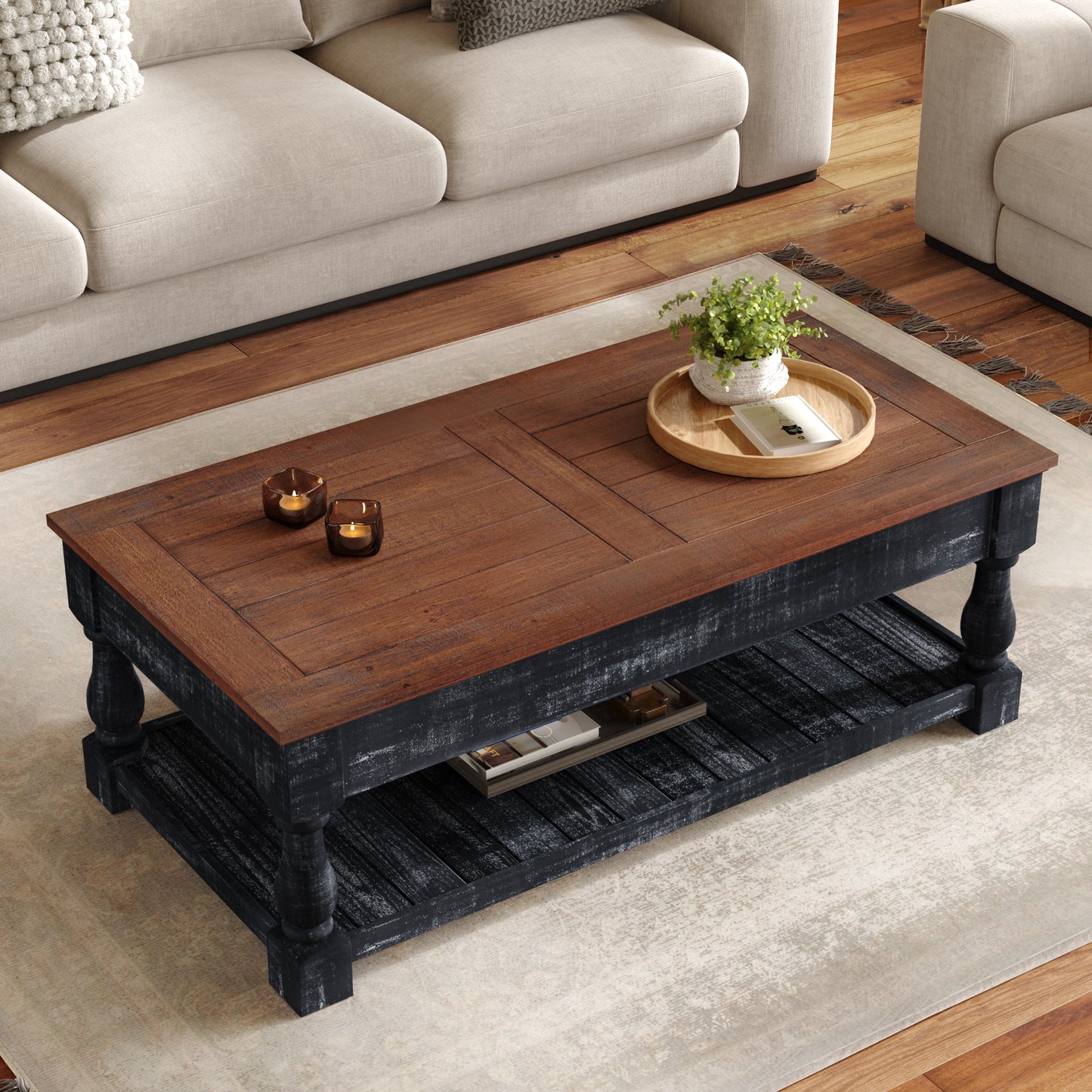 Retro Lift-Top Coffee Table with Storage for Living Room, Hidden Compartment & Lower Shelf, Espresso & Weathered Black Finish image 2