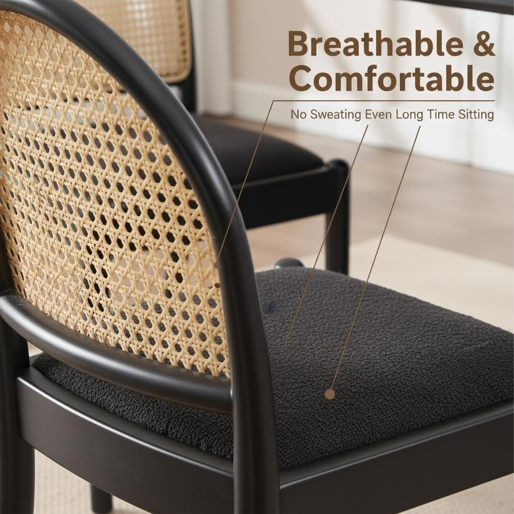 Rattan Dining Chairs Set of 2, Upholstered Linen Dining Room Chairs with Backrests, Modern Kitchen Chairs with Wood Legs for Dining Room, Black image 5