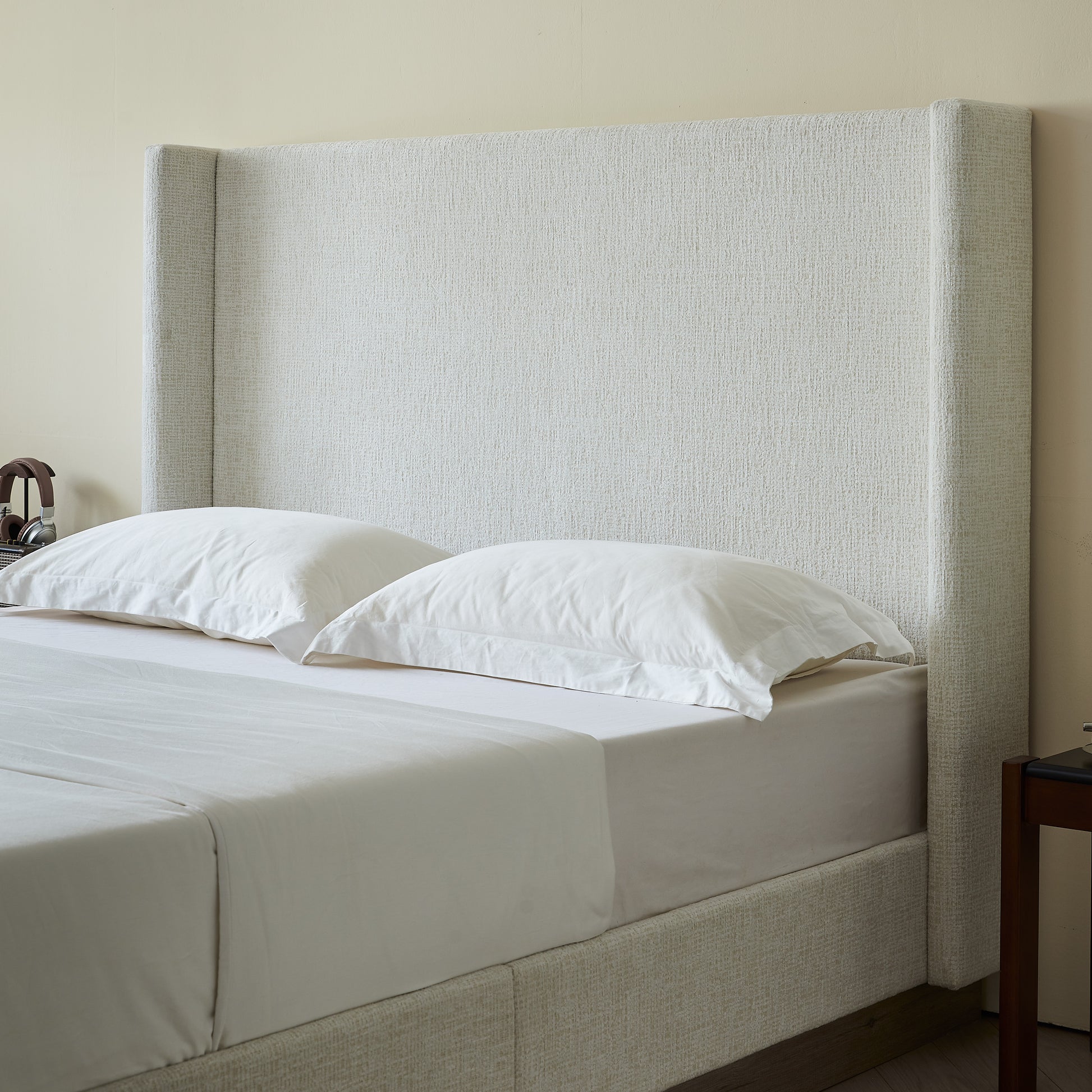 Hosford Upholstered Wingback Bed / Upholstered Wood Base Platform Bed / 52.5" High Headboard / Minimalist / Rusticity / No Box Spring Needed / King / Oat Boucle / No Noise image 4