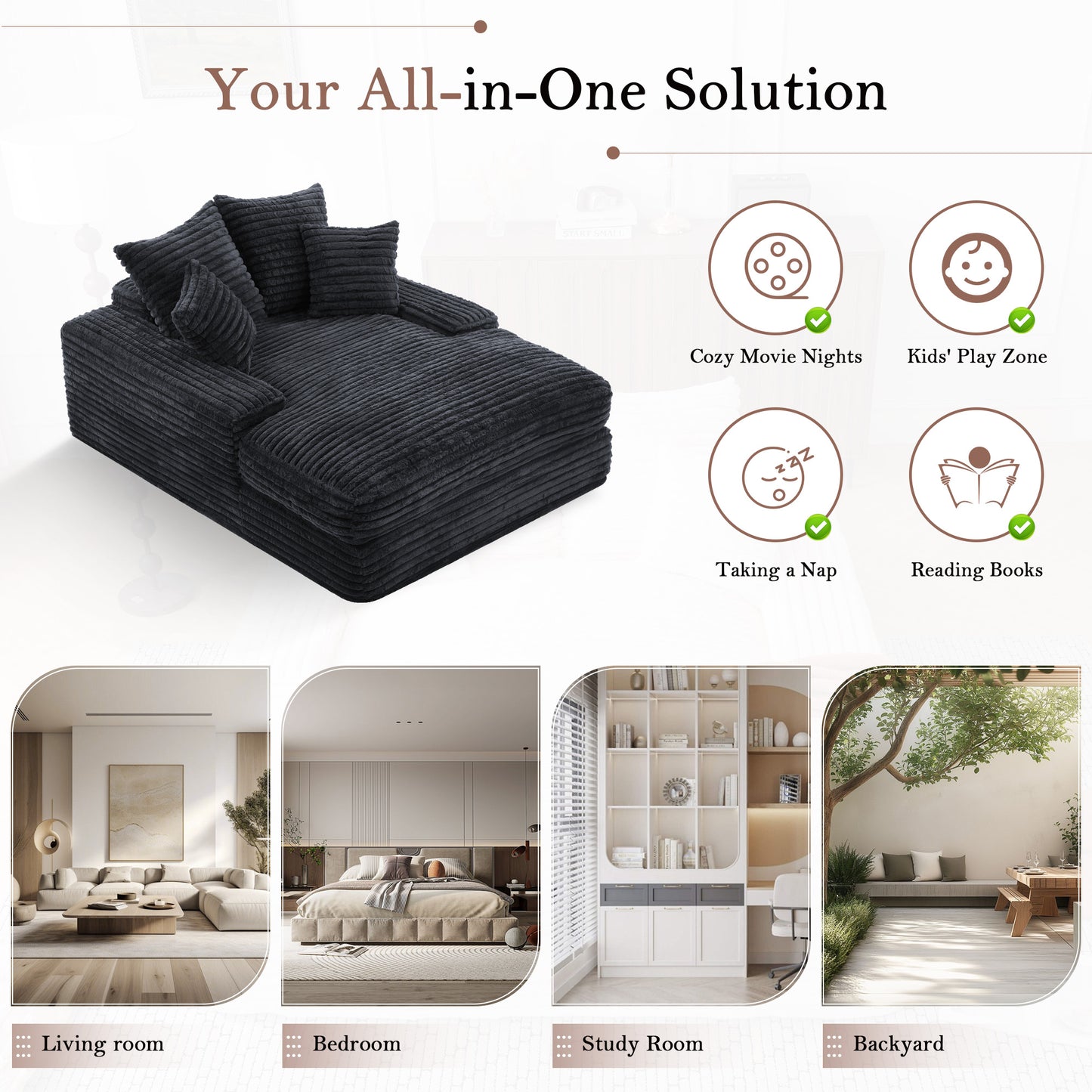012-Luxury Corduroy Convertible Chaise Lounge with 4 Pillows, Ultra-Soft Sofa Bed No Assembly Required, Instant Setup Lounge Chair Bed for Living Room, Apartment & Small Spaces,Grey image 7