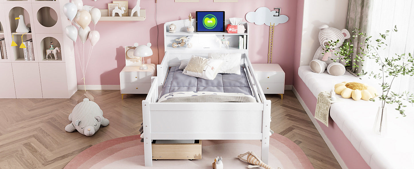 Wood Twin Size Platform Bed with Built-in LED Light, Multi-functional Headboard, Guardrail and 2 Drawers, White image 9
