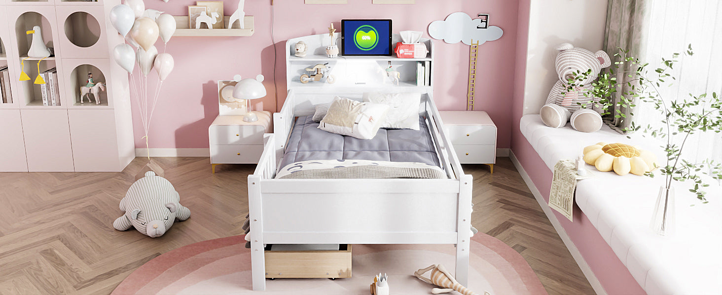 Wood Twin Size Platform Bed with Built-in LED Light, Multi-functional Headboard, Guardrail and 2 Drawers, White image 9