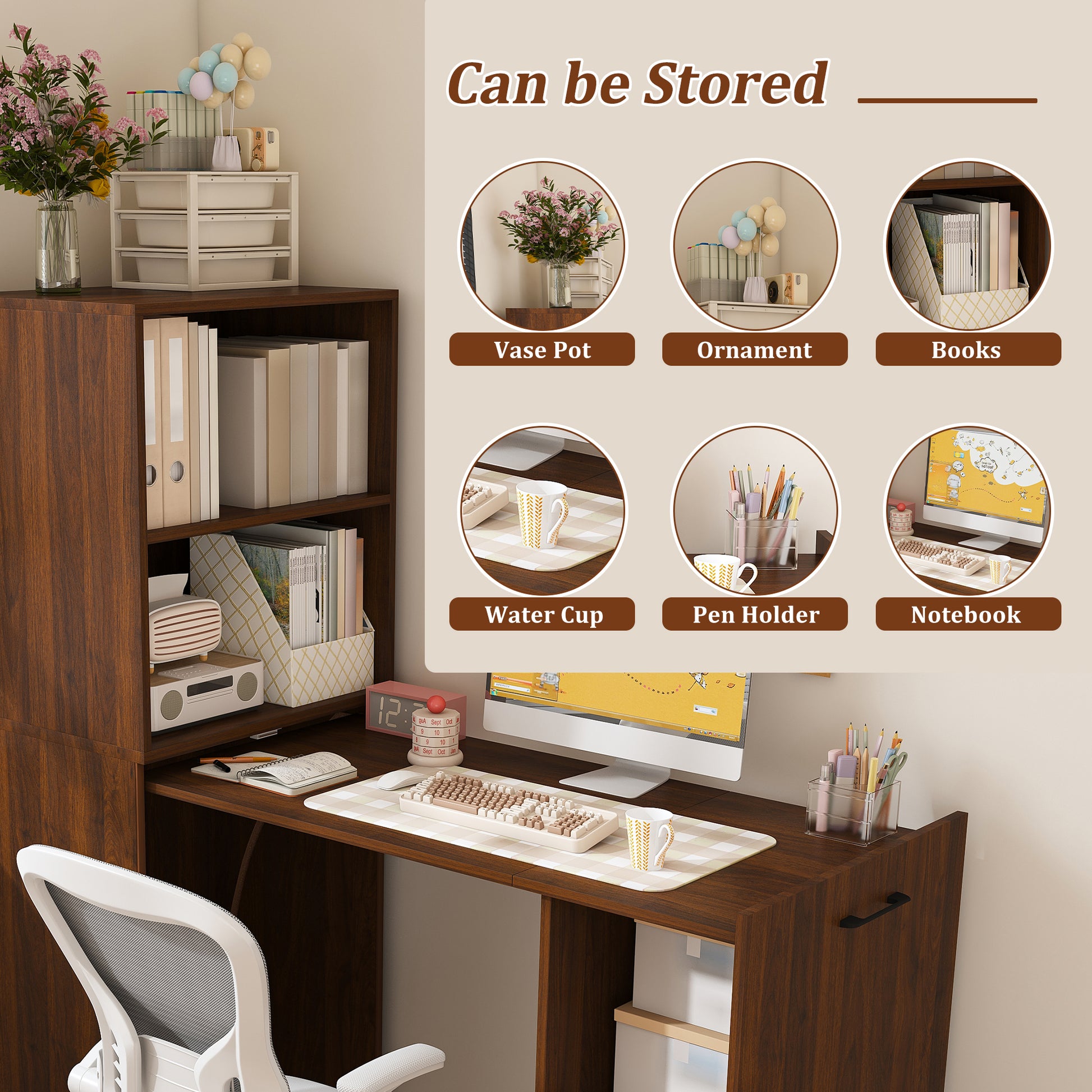 Stretchable desk, office desk with storage shelves and mobile wheels, foldable desk suitable for small apartments and offices,walnut image 5