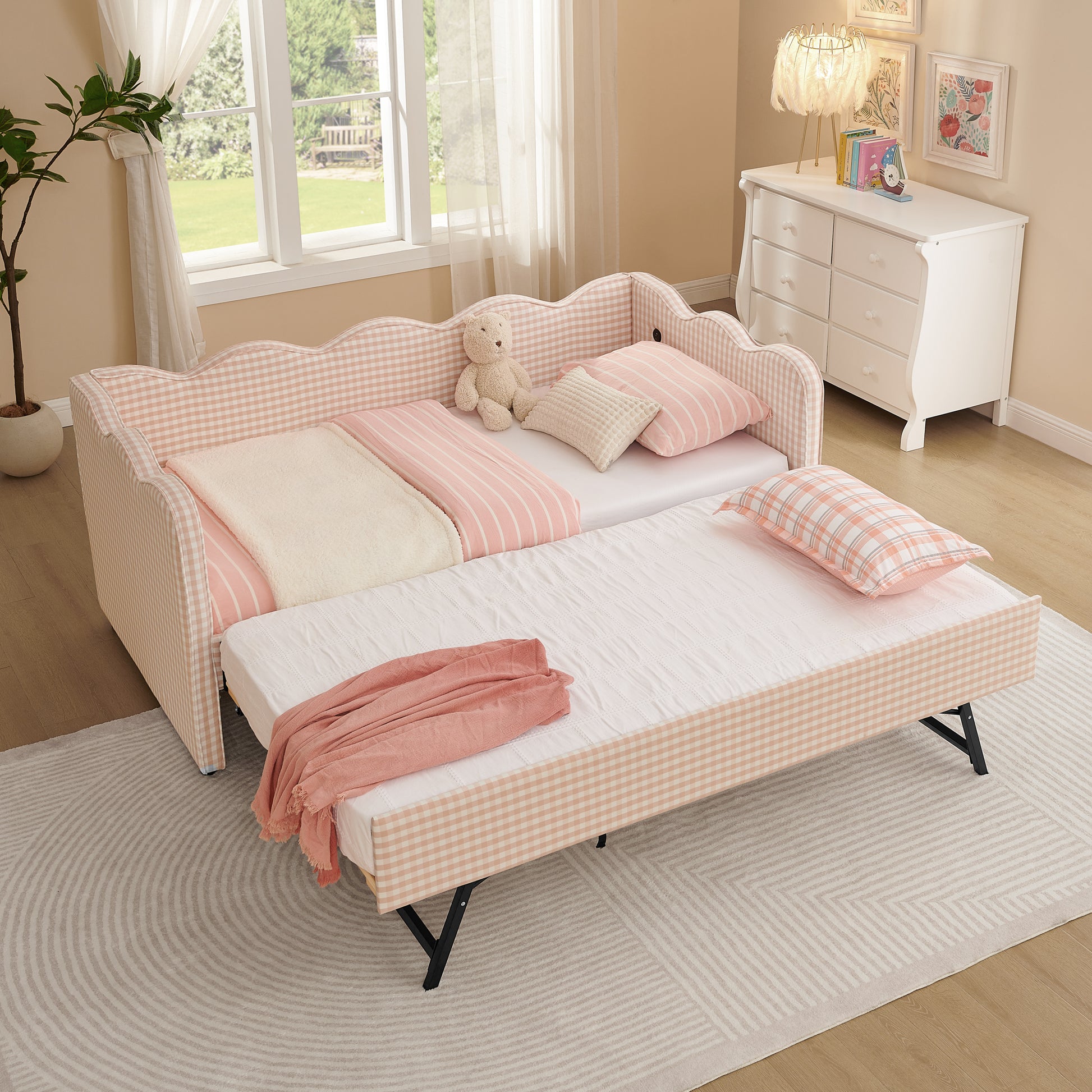Cozy Gingham Daybed with Trundle Twin Size Sofa Bed No Box Spring Needed, with USB Port and Adorable Wave Shaped, Linen Fabric, Pink image 1