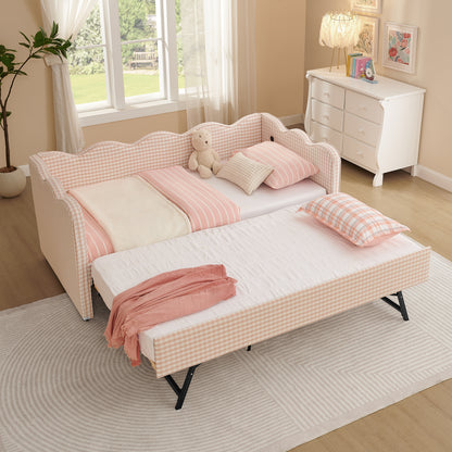 Cozy Gingham Daybed with Trundle Twin Size Sofa Bed No Box Spring Needed, with USB Port and Adorable Wave Shaped, Linen Fabric, Pink image 1