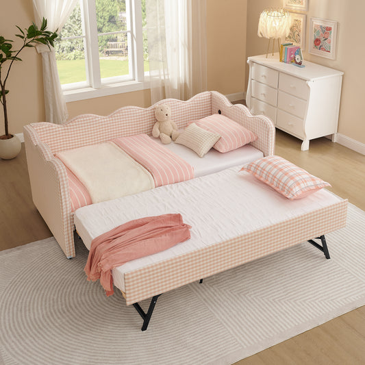 Cozy Gingham Daybed with Trundle Twin Size Sofa Bed No Box Spring Needed, with USB Port and Adorable Wave Shaped, Linen Fabric, Pink image 1