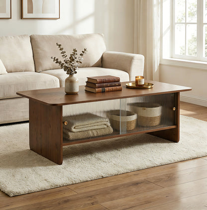 47" Coffee Table With Storage, Rectangular Mid-Century Retro Center Table, Fluted Glass Sliding Doors For Living Room Bedroom Guest Room, Walnut. image 6