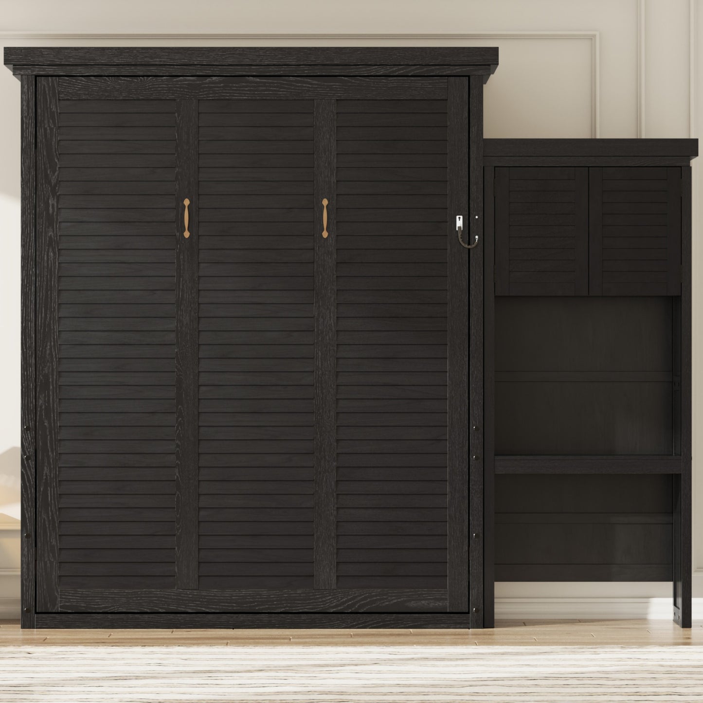 Queen Size Murphy Bed with Multiple Storage Shelves and Louvered Style Decoration,Black image 2