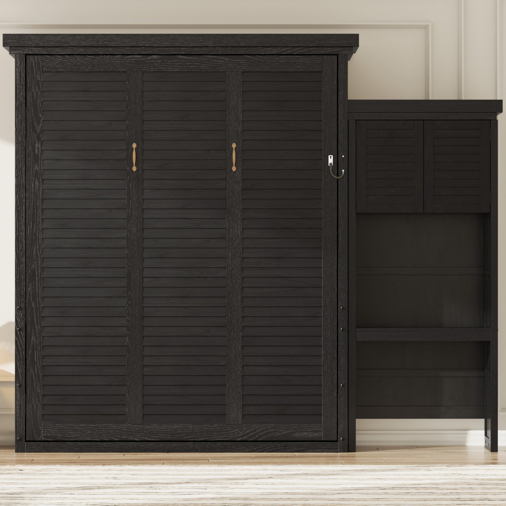 Queen Size Murphy Bed with Multiple Storage Shelves and Louvered Style Decoration,Black image 2