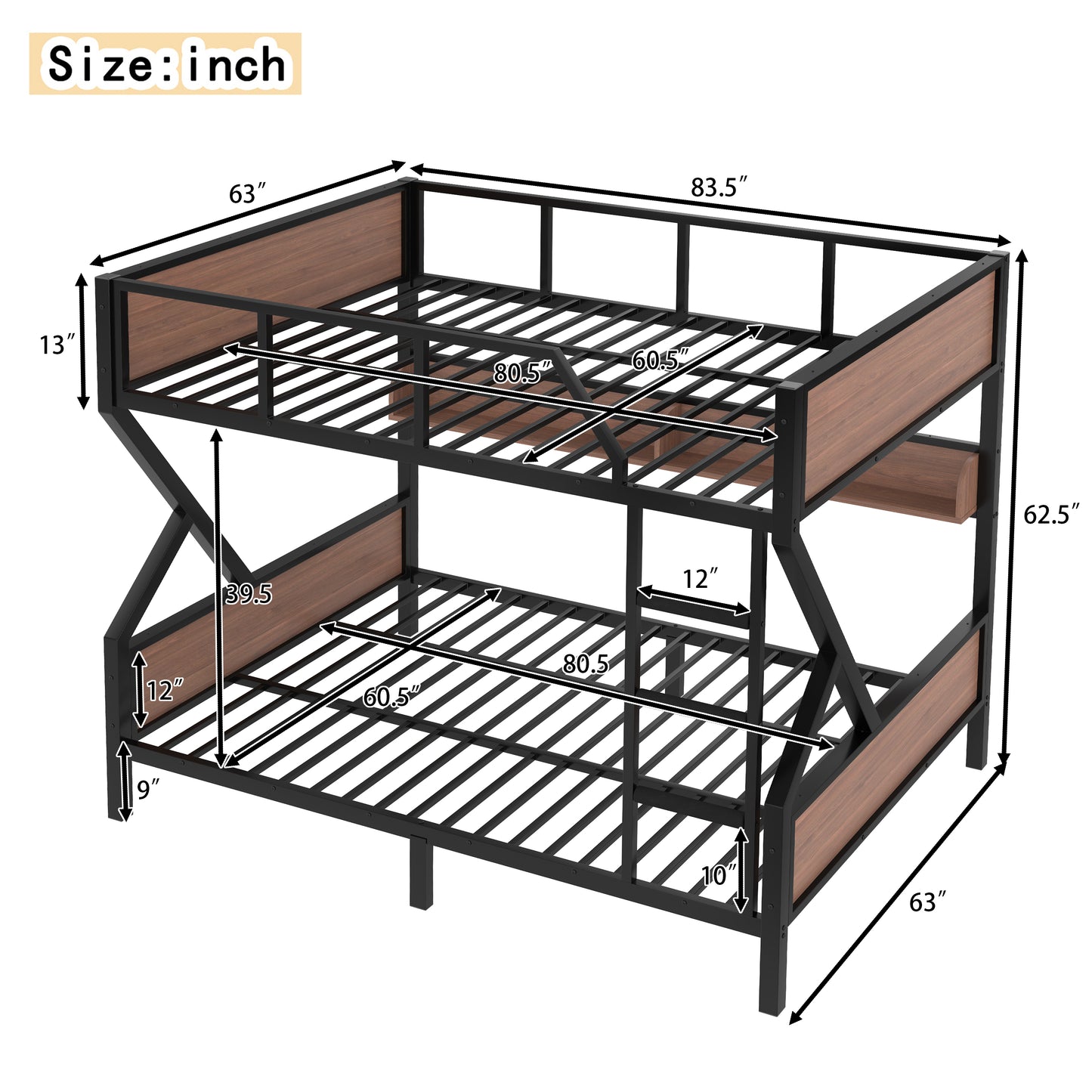 Queen over Queen Bunk Bed, Metal Bunk Bed with Storage Shelves and Lights, Space-saving & Noise-free Design, Black image 4