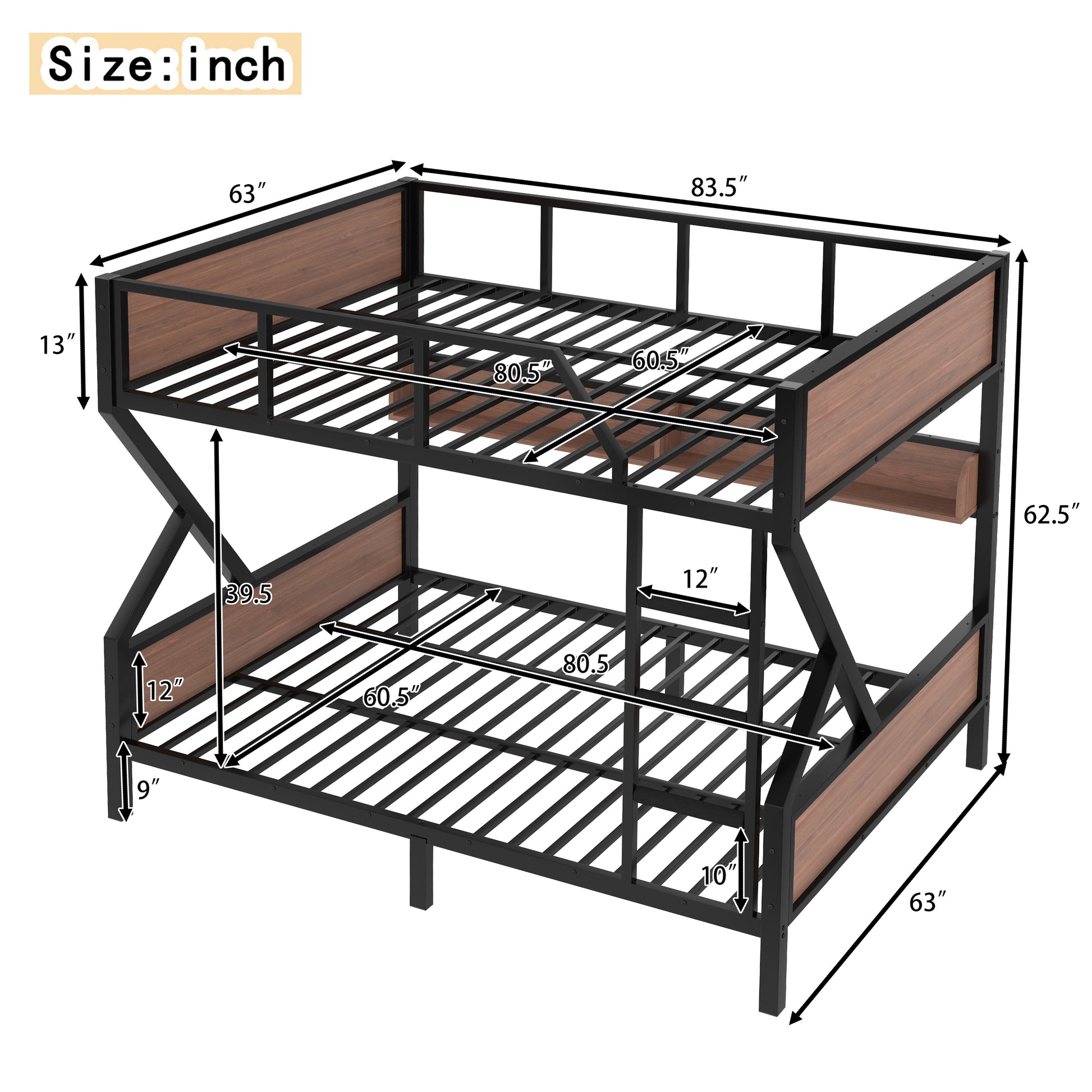 Queen over Queen Bunk Bed, Metal Bunk Bed with Storage Shelves and Lights, Space-saving & Noise-free Design, Black image 4