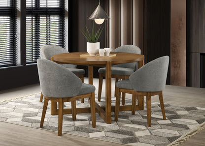 Andreo 5-Piece Round Dining Set with 47-inch Walnut Finish Table and 4 Light Gray Fabric Chairs, Mid-Century Modern Dining Table Set for 4 image 1