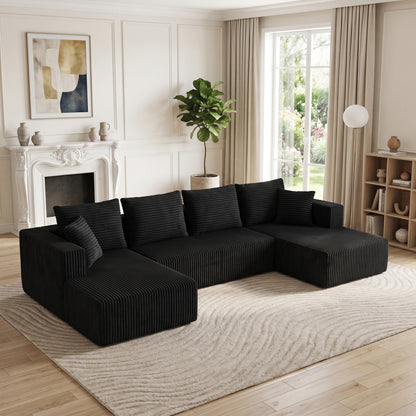 132.1 Inch Modular Sectional Sofa, U-Shaped Corduroy Sofa Couch with Double Chaise, Oversized Deep Seat Cloud Couch for Living Room, Apartment, Black image 1