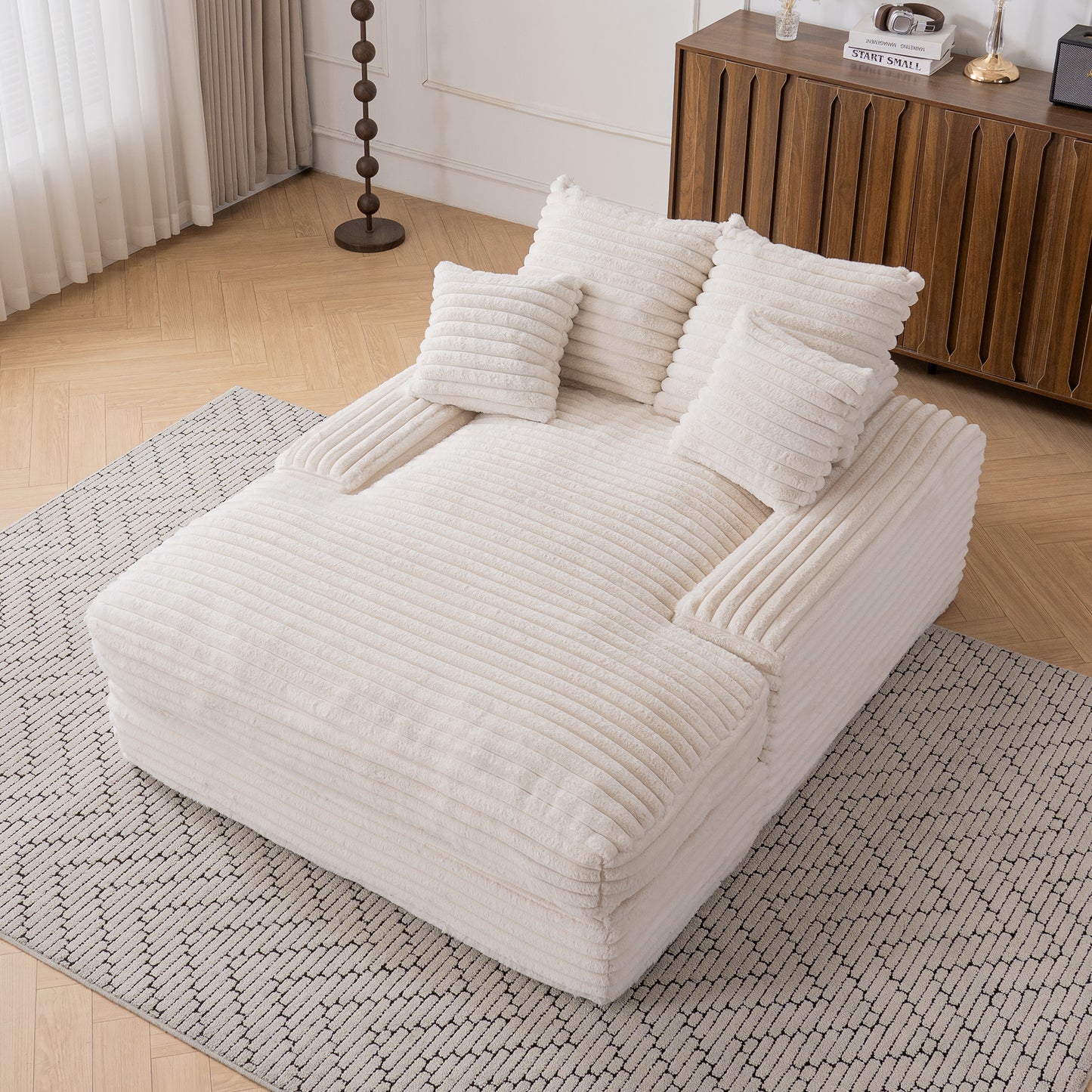 012-Luxury Corduroy Convertible Chaise Lounge with 4 Pillows, Ultra-Soft Sofa Bed No Assembly Required, Instant Setup Lounge Chair Bed for Living Room, Apartment & Small Spaces, Beige image 1