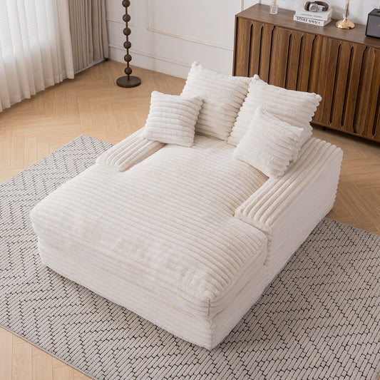 Luxury corduroy convertible chaise lounge with 4 pillows, beige, front view
