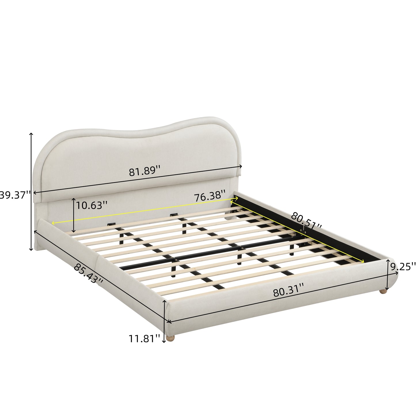 King Size Upholstered Platform Bed Frame with Rounded Corners curved headboard, Wooden Slats, Oak Solid Wood Legs, chenille fabric, No Box Spring Needed, Easy Assembly, Beige image 4