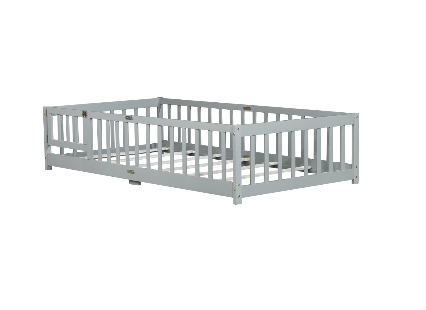 Twin Size Floor Bed with Fence and Door,Rubber Wood Floor Bed with Safety Guardrails,Grey (Old Sku W504P286372) image 3
