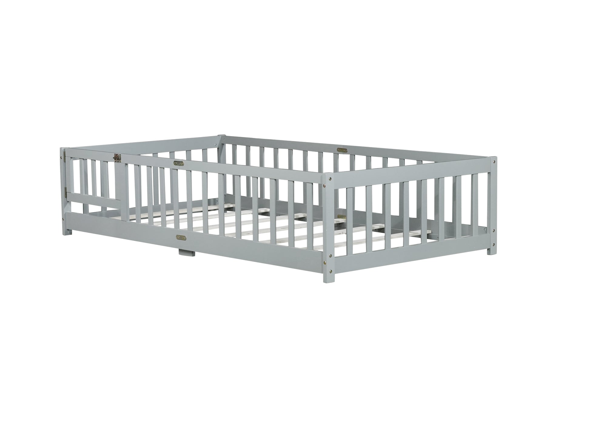 Twin Size Floor Bed with Fence and Door,Rubber Wood Floor Bed with Safety Guardrails,Grey (Old Sku W504P286372) image 3