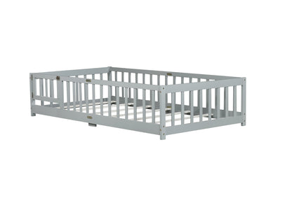 Twin Size Floor Bed with Fence and Door,Rubber Wood Floor Bed with Safety Guardrails,Grey (Old Sku W504P286372) image 3