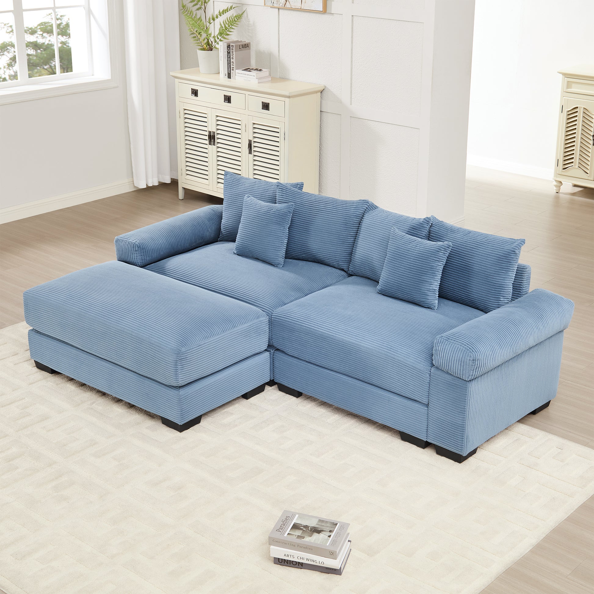 82.6" Oversized Cloud Modular L-Shape Sectional Couch,Soft Corduroy Fabric, With An Ottoman,Deep Seat Wide Armrests, Ergonomic Design,6 Throw Pillows, Easy Assembly,For Living Rooms, Lounges,Blue image 1