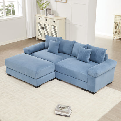 82.6" Oversized Cloud Modular L-Shape Sectional Couch,Soft Corduroy Fabric, With An Ottoman,Deep Seat Wide Armrests, Ergonomic Design,6 Throw Pillows, Easy Assembly,For Living Rooms, Lounges,Blue image 1