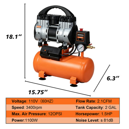 Quiet Low Noise Oil Free Air Compressor, Mini Portable Electric Air Compressor Low Noise for Home, Inflator, Small Pneumatic Tools image 2