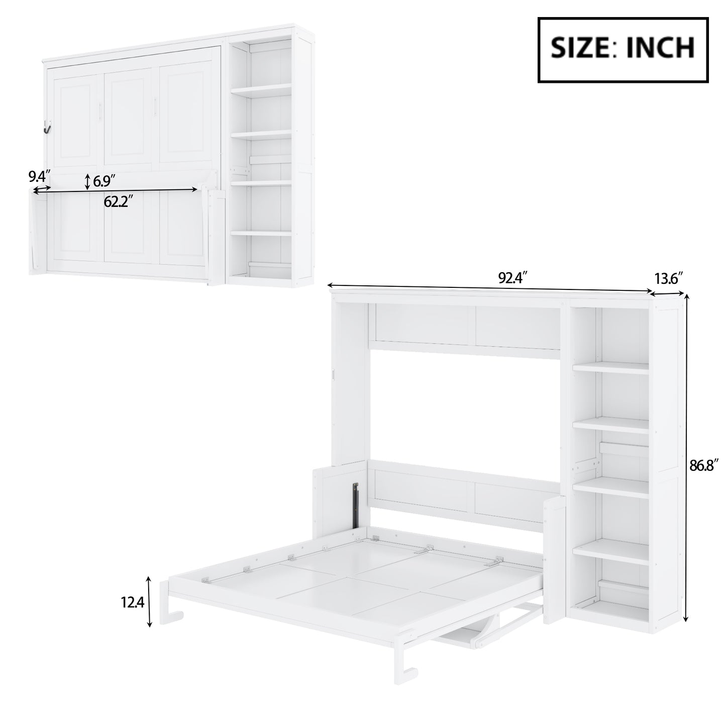 Queen Size Murphy Bed with Desk and Bookshelf, White image 10
