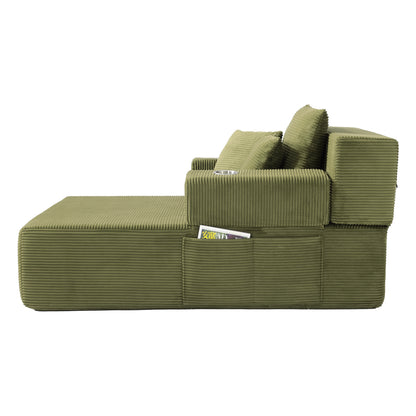 Luxurious Plush Corduroy Chaise Lounge with 3 Pillows, Convertible Sofa Bed with Storage Pocket, Frameless Design & Compression Foam for Small Spaces image 7