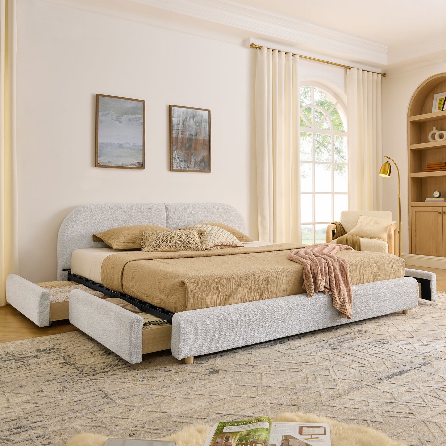 King Size Upholstered Bed Frame Modern Minimalist Style - Circle Yarn Fabric, Tall Curved Headboard, Sturdy Leg Support & Wheeled Drawer Storage, Mattress Not Included -Beige image 1