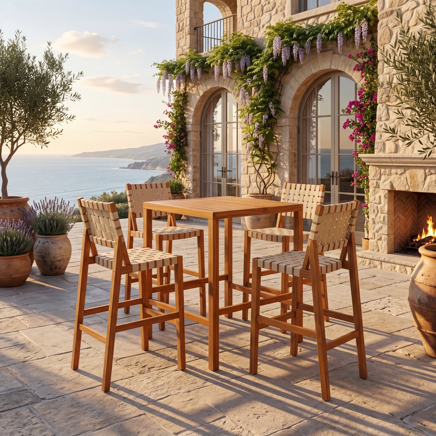 30.5 Inch Seat Height Outdoor Acacia Solid Wood Patio Furniture Set, Beige Pe Woven Rope, Breathable and Comfortable,Indoor & Outdoor Use,Teak Finish+Beige Rope(set of 5) image 2