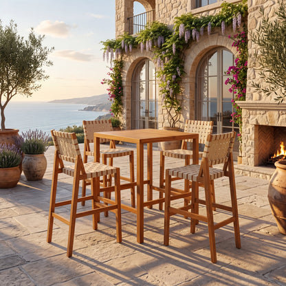 30.5 Inch Seat Height Outdoor Acacia Solid Wood Patio Furniture Set, Beige Pe Woven Rope, Breathable and Comfortable,Indoor & Outdoor Use,Teak Finish+Beige Rope(set of 5) image 2