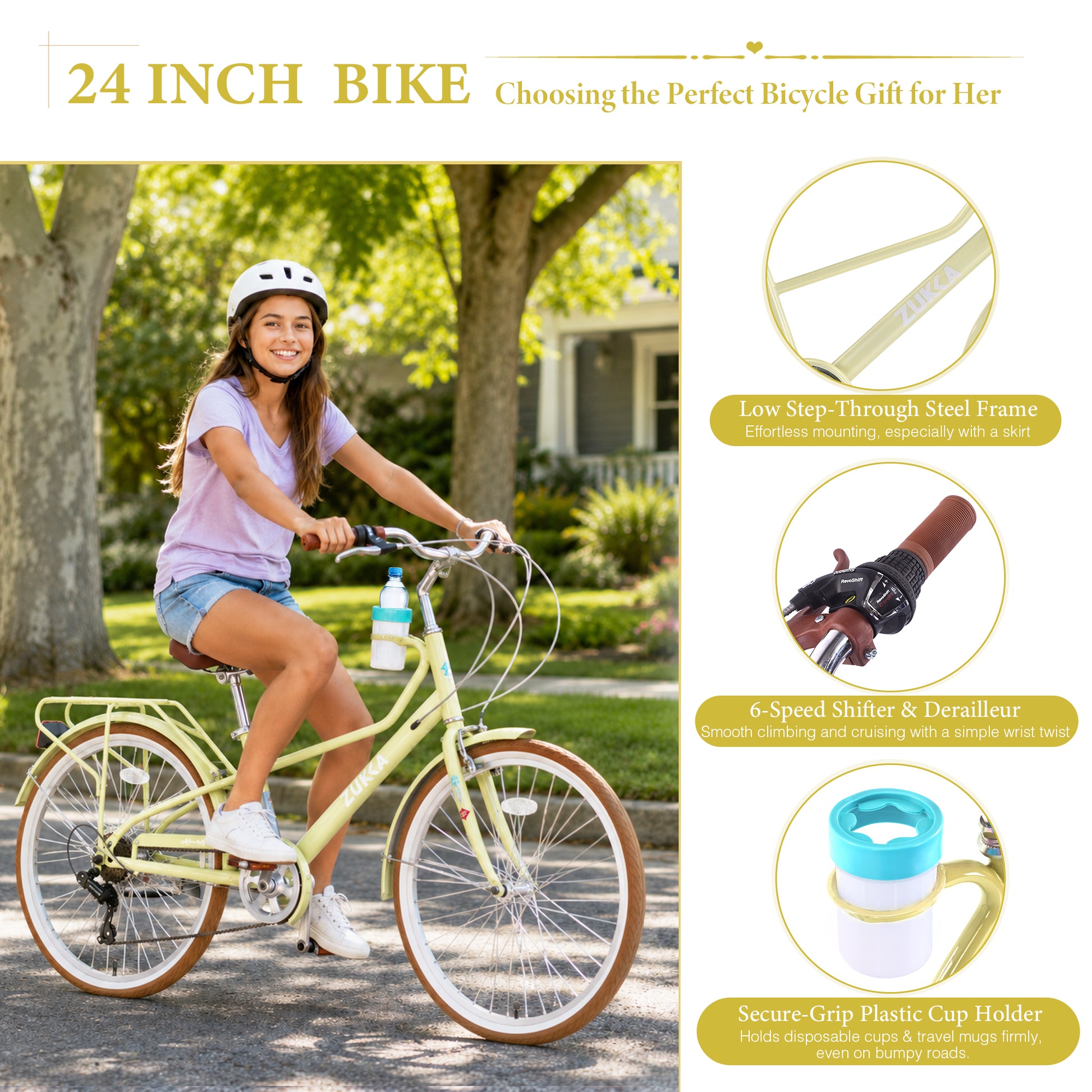 24 Inch Women's Cruiser Bike,6 Speed Step-Through Commuter Bicycle with Rear Rack & Cup Holder, Adult City Bike image 3