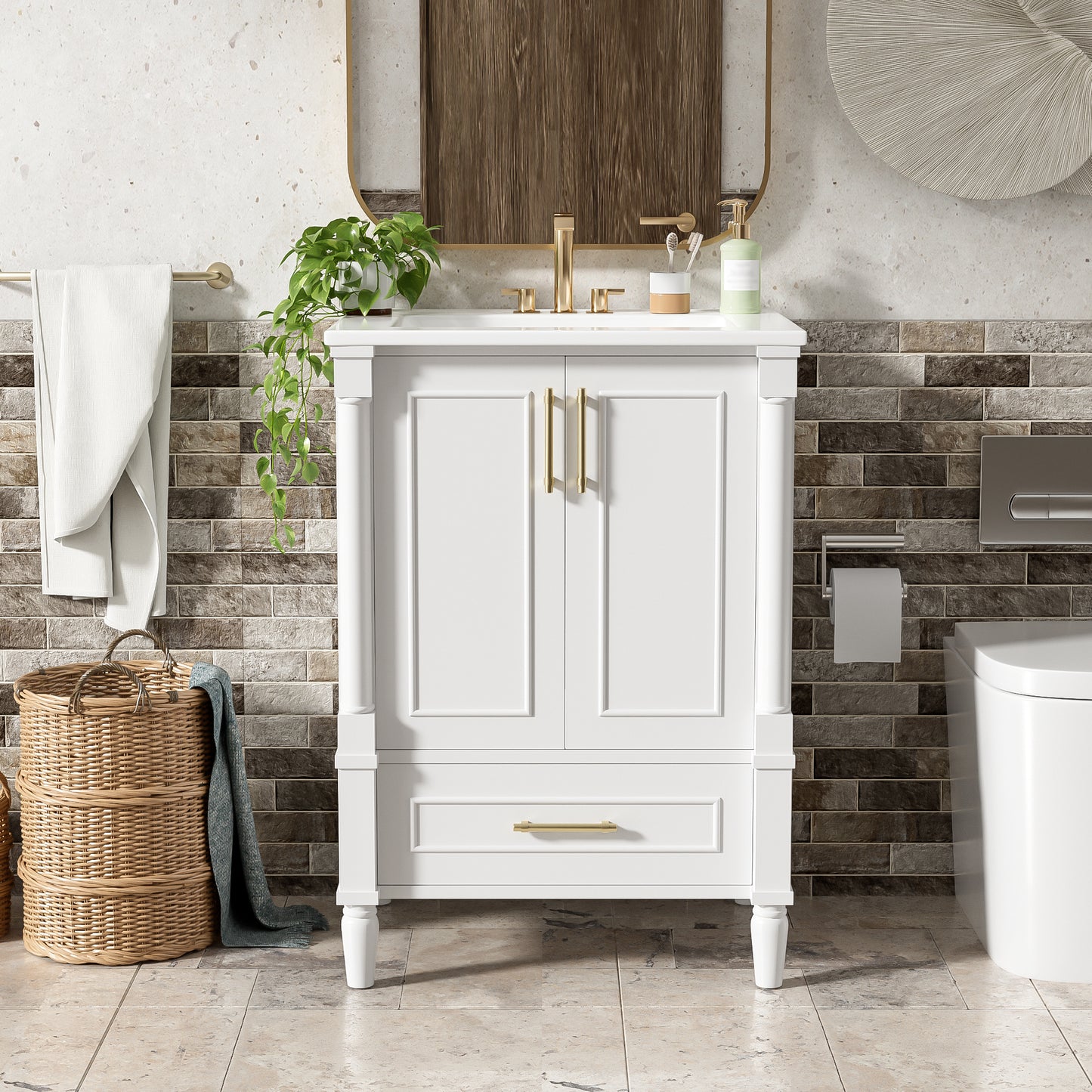 24" Modern Bathroom Vanity with Ornate Motif Design & Soft-Close Hinges, Bathroom Cabinet with Drawer and Back Open Structure, Ornately Carved French Cylinder Legs image 1