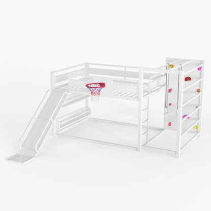 Full size metal loft bed with basketball hoop, pull-up rings, climbing wall, and built-in bookshelves. Playful children's design featuring a slide,White image 10
