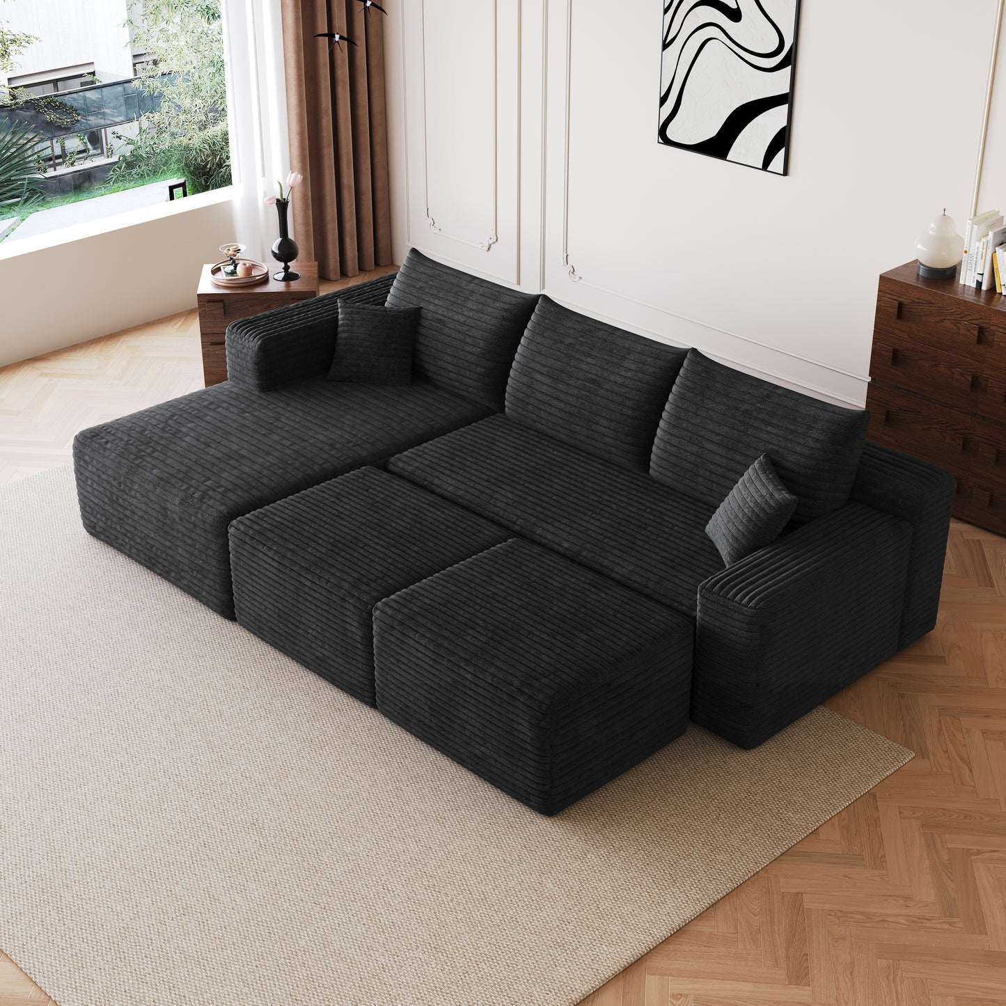 95" Cloud Sectional Sofa with 2 Ottoman,Modern Minimalist Upholstered Couches, Comfort U Shaped Sofa for Living Room,Deep Seat Corner Couch,No Assembly Required,Black (Plush Corduroy Fabric) image 5