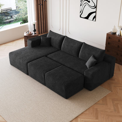 95" Cloud Sectional Sofa with 2 Ottoman,Modern Minimalist Upholstered Couches, Comfort U Shaped Sofa for Living Room,Deep Seat Corner Couch,No Assembly Required,Black (Plush Corduroy Fabric) image 5