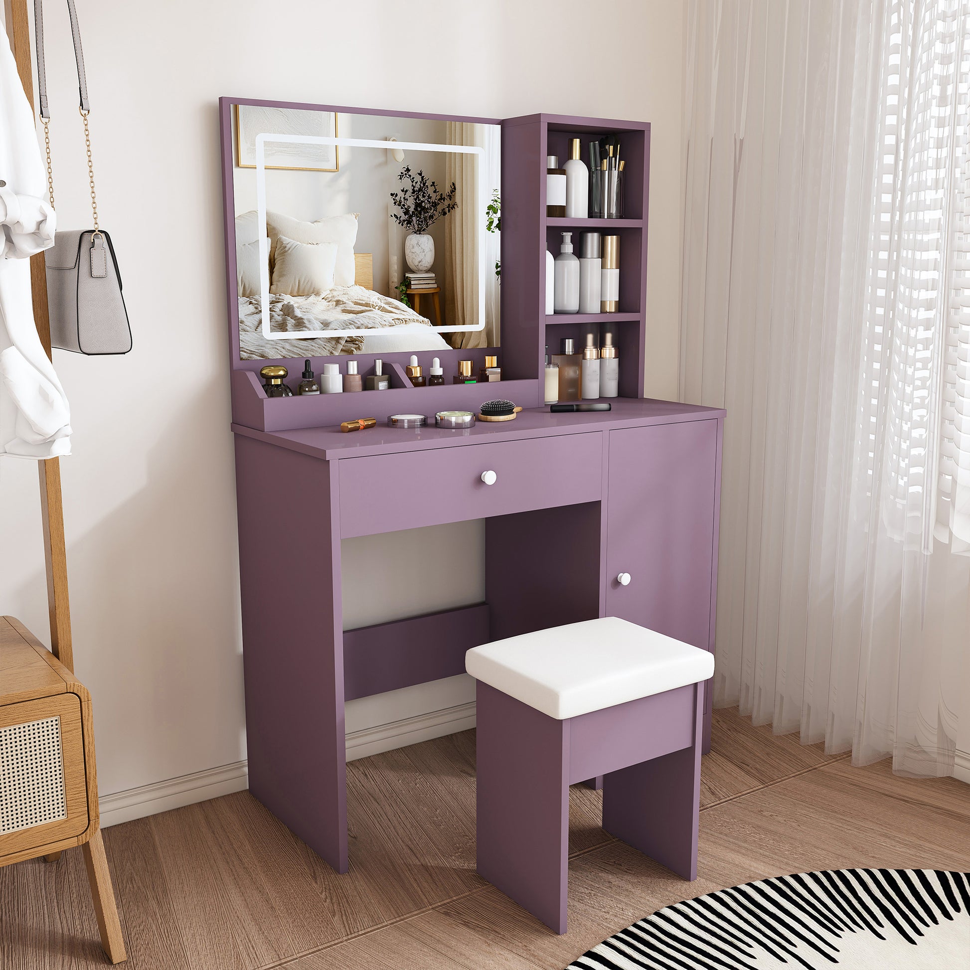 Stylish Vanity Desk Set with Padded Stool & Adjustable LED Lighted Mirror (3 Color Modes), Modern Bedroom Makeup Vanity Desk Combo, Purple image 4