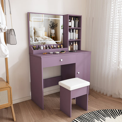 Stylish Vanity Desk Set with Padded Stool & Adjustable LED Lighted Mirror (3 Color Modes), Modern Bedroom Makeup Vanity Desk Combo, Purple image 4